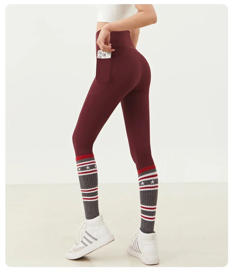 Yoga-Hose für Damen, hohe Taille, pfirsichfarben, hüftformend, schnell trocknend, mit Taschen, ohne Unterwäsche, Fitness-Gym-Hose – Detail 4