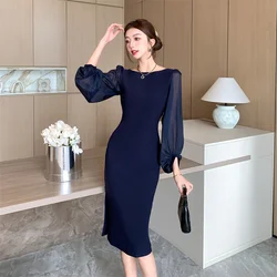 S-3XL French Summer Office Ladies Solid Bodycon Dress Fashion Women Round Collar Mesh Puff Sleeve Slim Side Split Pencil Vestido