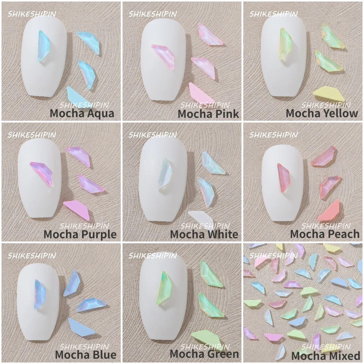 Neon Mocha-3D Nail Art Rhinestones, Ship-Shaped, vidro brilhante, cristal, auto-adesivo, fundo plano, decoração, atacado, 3x8mm