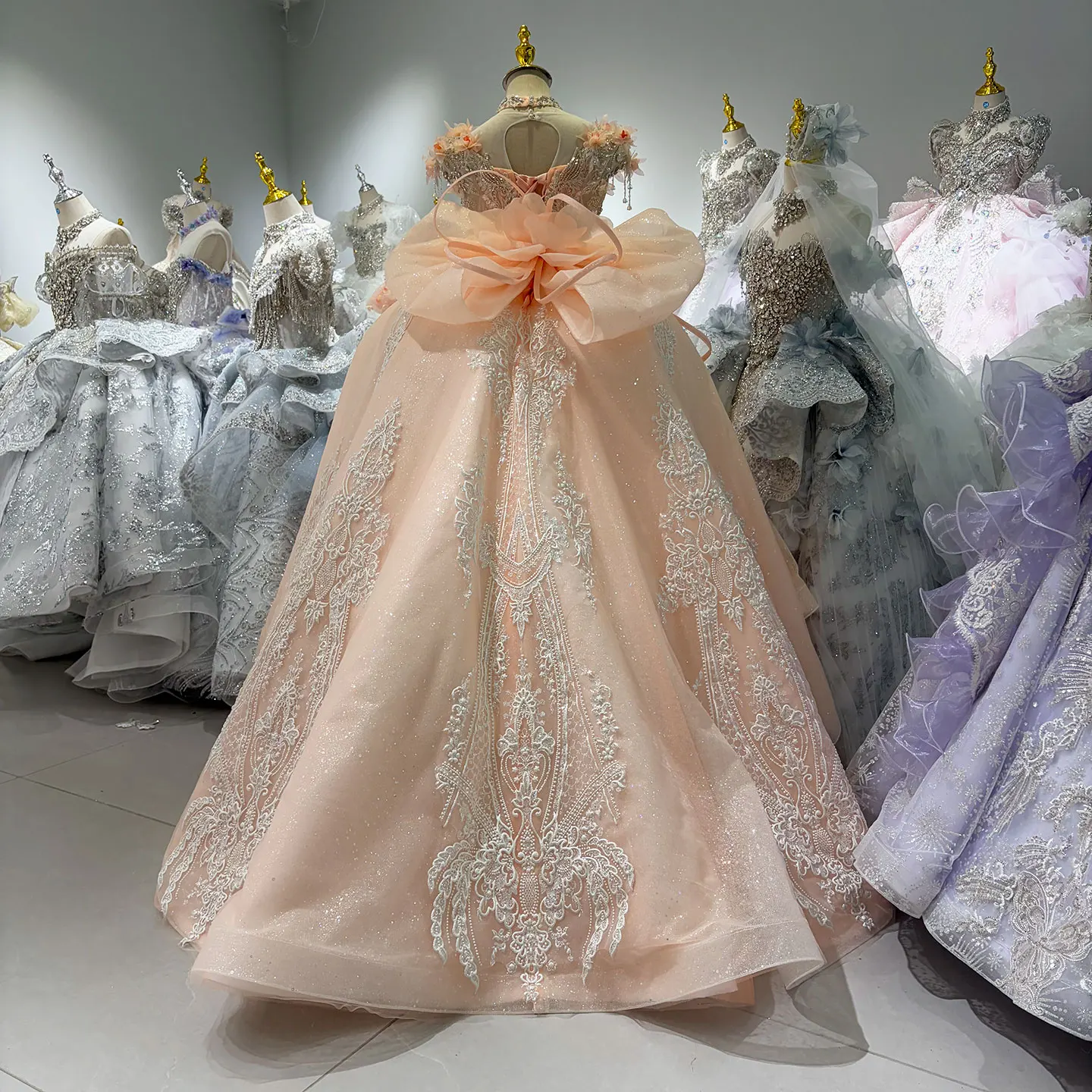 Jill Wish W104 Blossom Dream — Peach Pink 3D Floral Crystal Princess Ball Gown for Quinceañera & Prom