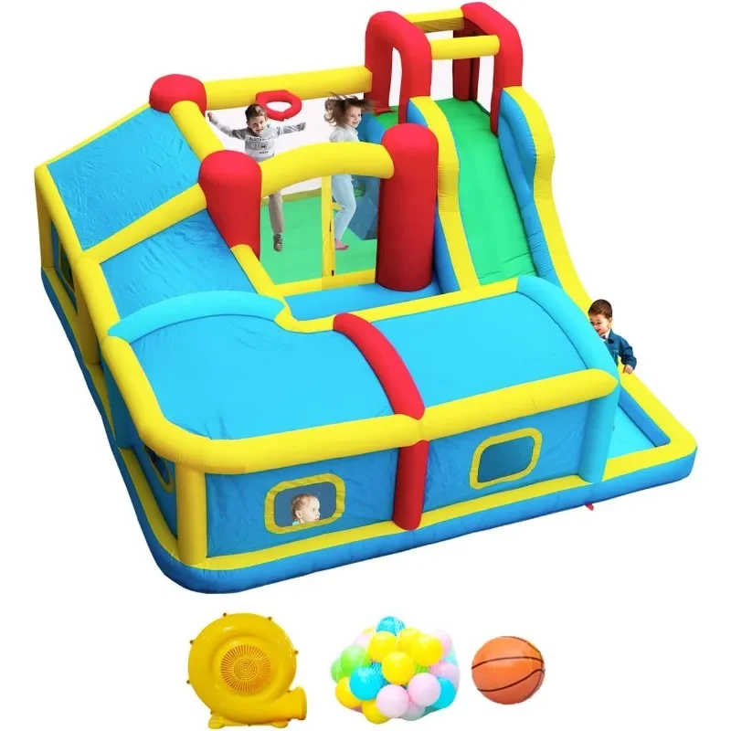 

Inflatable Bounce House with Slide, Jumping Castle with Blower and Wave Pool, Basketball Rim, Long Tunnel Outdoor Toys