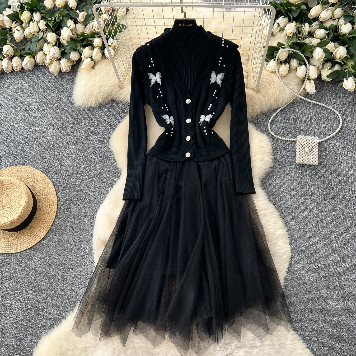 Chic vintage lavorato a maglia a maniche lunghe pieghettato Elegante fata moda coreana Boho Sundress abbigliamento donna Abito lungo