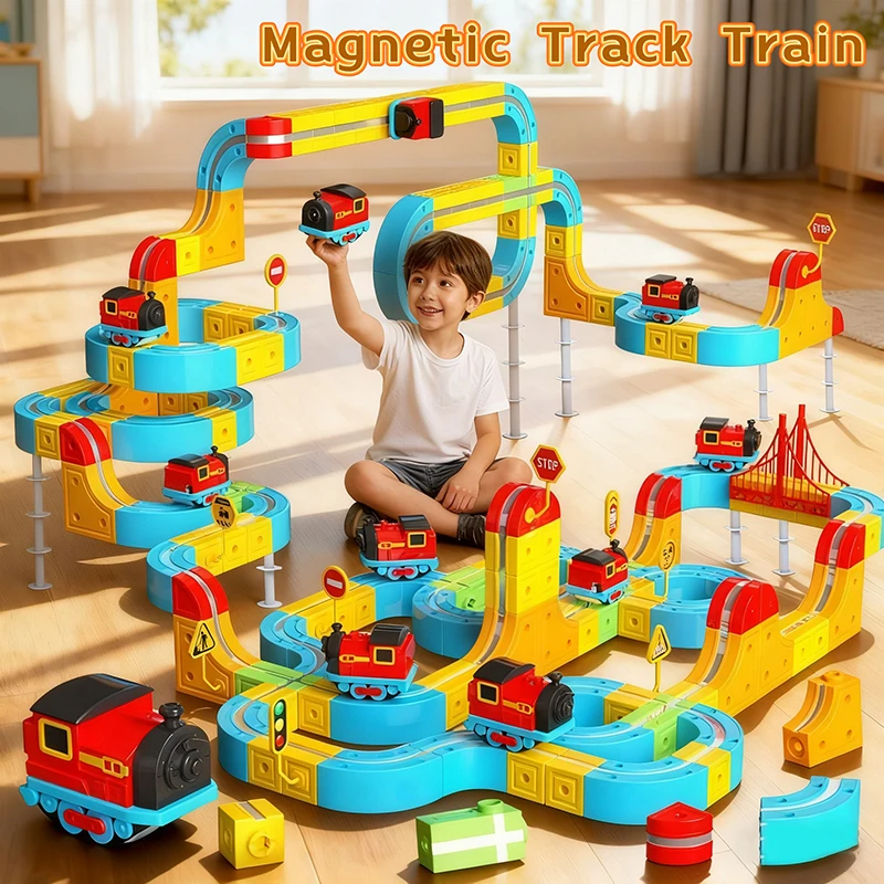 66PCS Magnetische Track Auto Speelgoed DIY Bouwstenen Set Anti-Zwaartekracht Rijden Elektrische Trein Set Voor Kinderen Kerst verjaardagscadeau