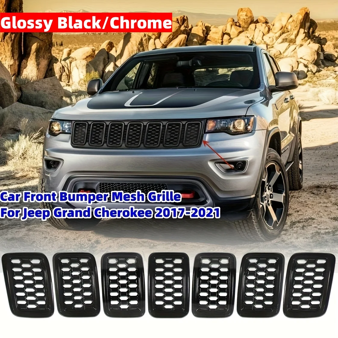 

Glossy Black/Chrome For Jeep Grand Cherokee 2017 2018 2019 2020 2021 Front Bumper Grille Honeycomb Mesh Grill Cover Trim Decor