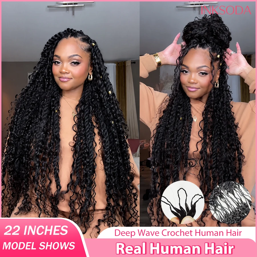 

22 Inches Deep Wave Feather Crochet Hair Tight Curly Pre-Separated Knotless Crochet Human Hair Extensions With Loop For Braiding