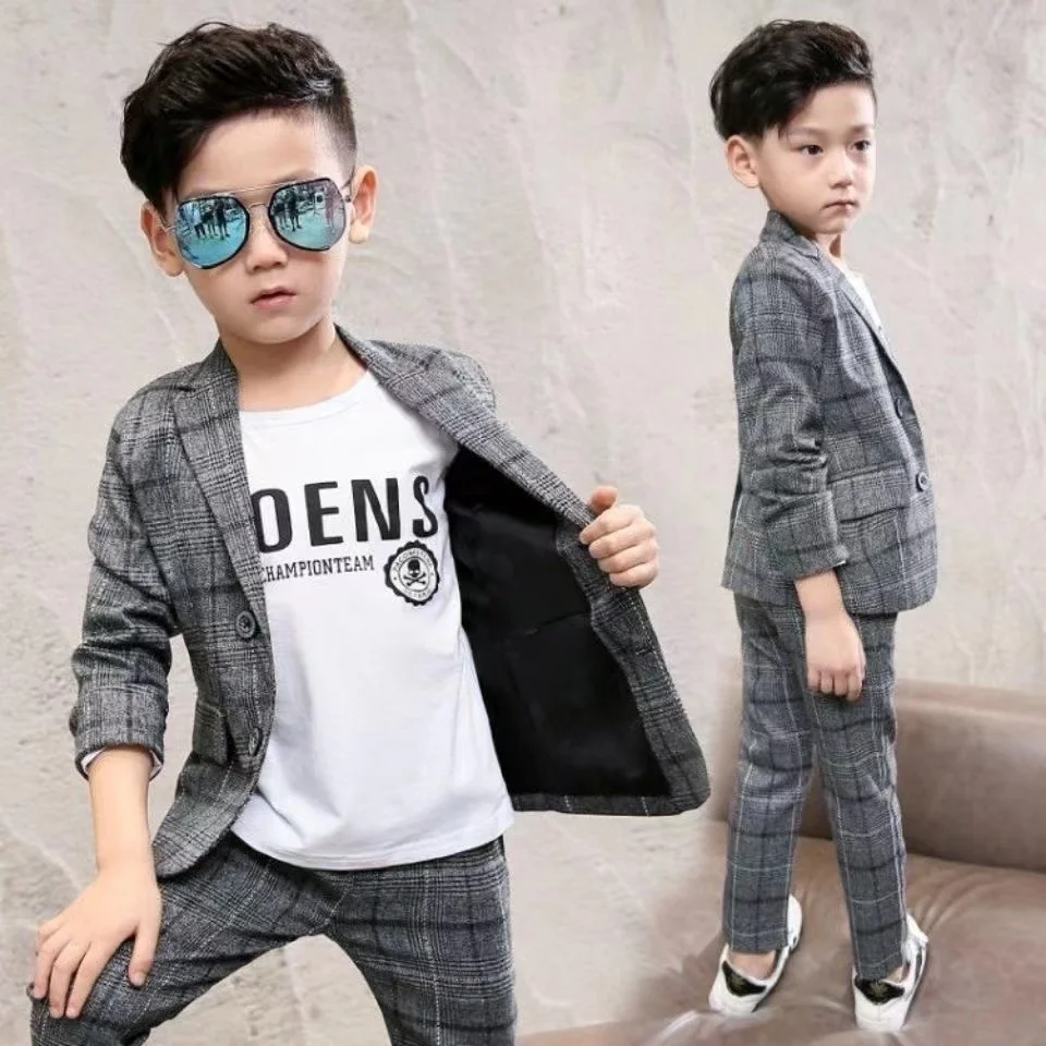 2024 New Autumn spring Baby Boys Clothes Set Plaid Gentleman Top Jacket + Pants Outfits Suit Teenager 4 5 6 7 8 9 10 11 12 Year