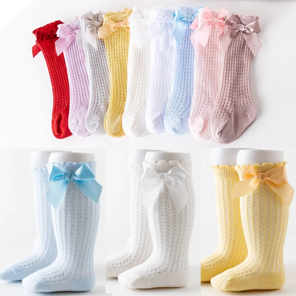 Baby Princess Knee High Long Socks with Lace Ruffles Simmer Spring Mesh Thin Cotton Korean Bow White Stockings for Newborn Girls