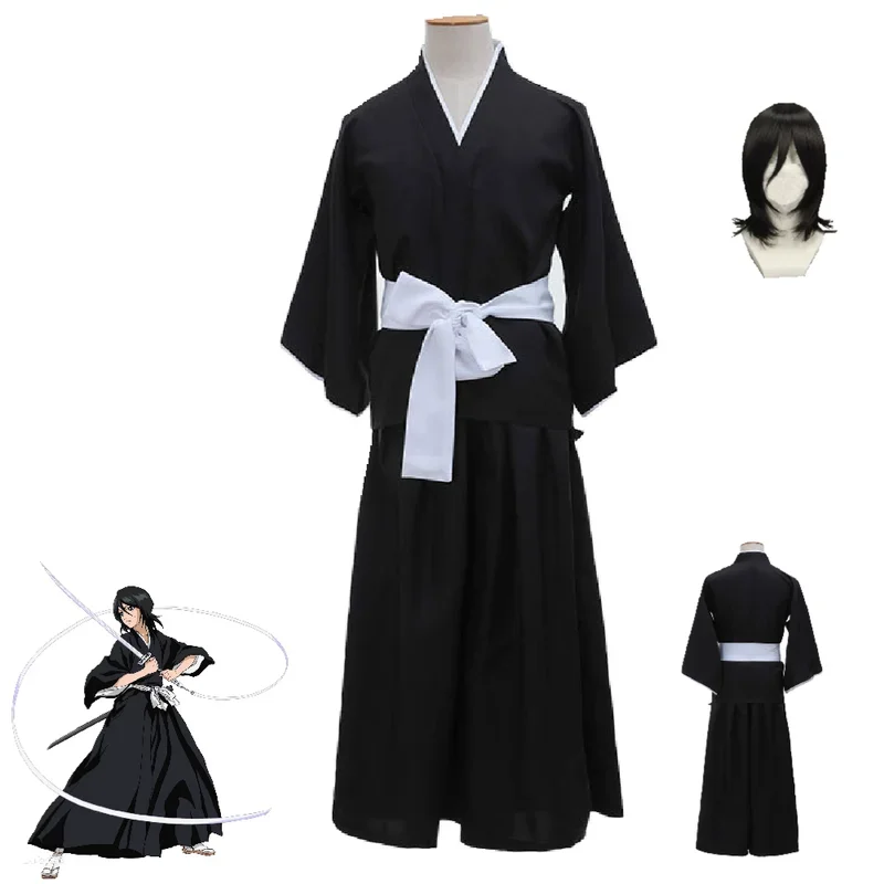 Anime BLEACH Kuchiki Rukia Cosplay Costume Aldult Unisex Black Top Pants Wig Halloween Rave Party Exquisite Cool Uniform Suit