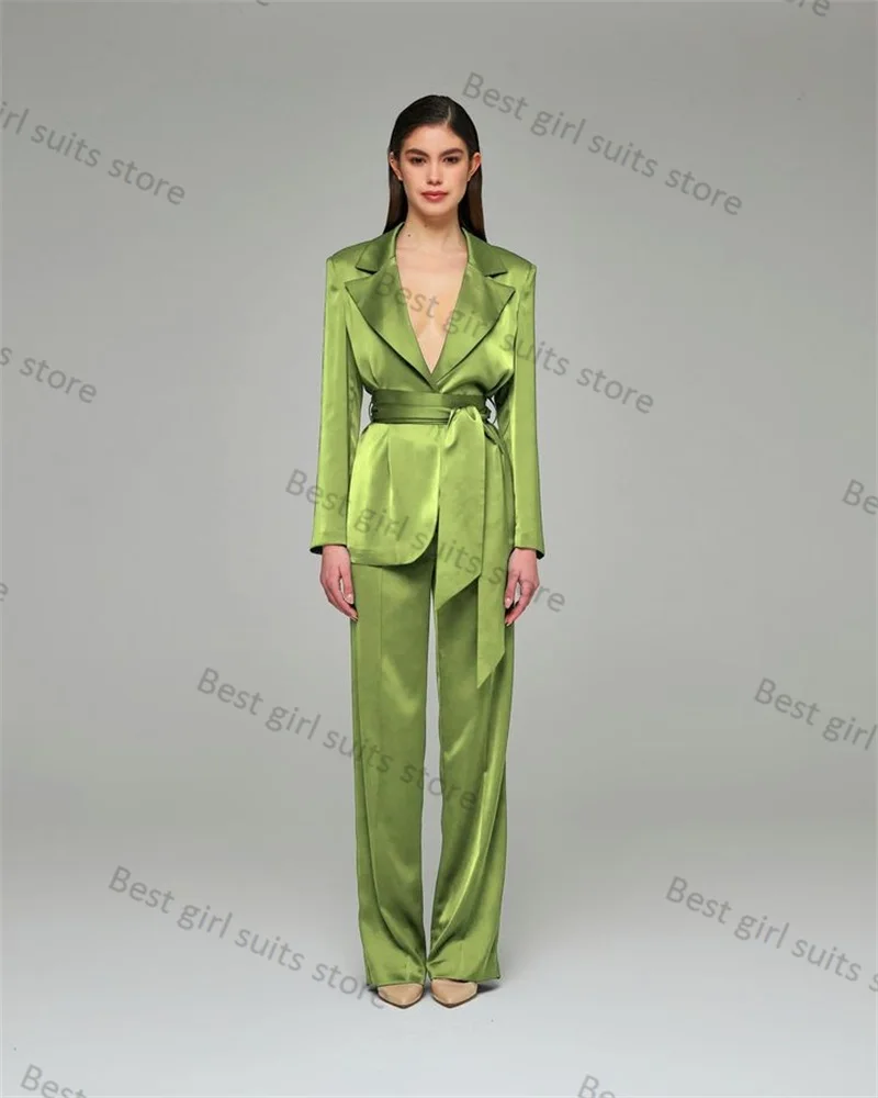 

2 Piece Green Satin Women Suit Pants Set Jacket+Trouser With Belt Formal Guest Blazer Wedding Tailored Formal Office Lady Coat