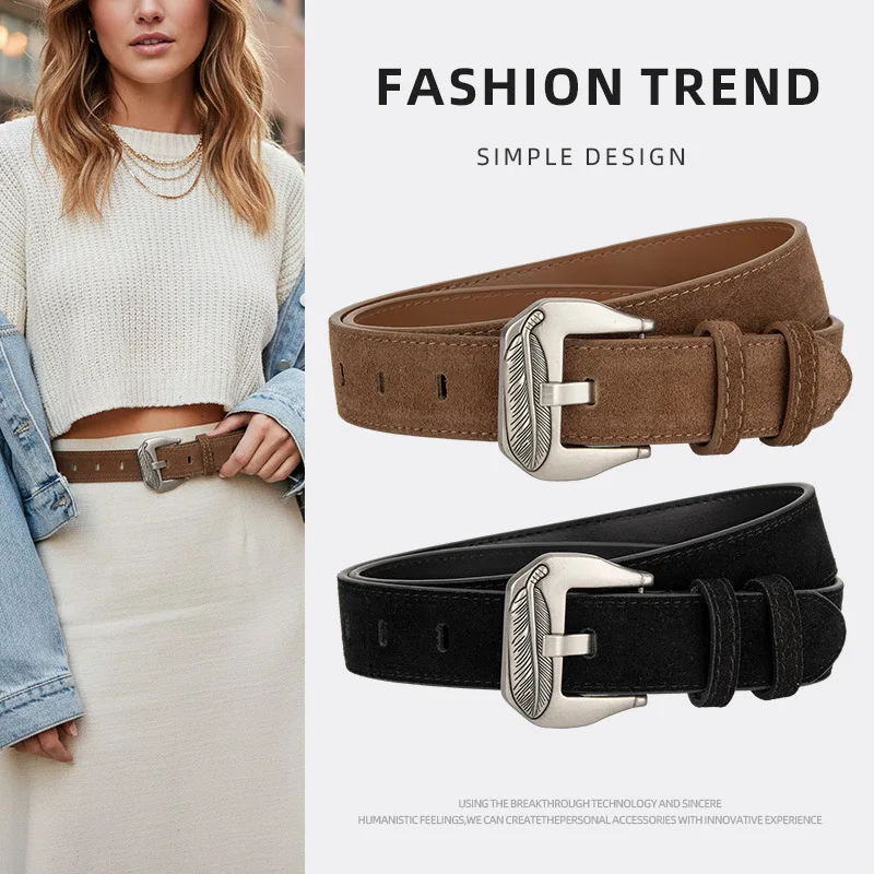 

Европейский и американский женский модный кожаный замшевый ремень в форме листа в стиле панк, женские универсальные джинсы, модные декоративные ремни