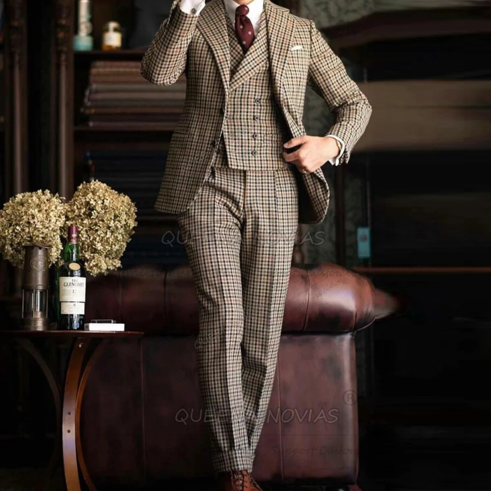 النمط البريطاني Houndstooth الرجال البدلة وتتسابق واحدة الصدر حفلة موسيقية الحلل مخصصة 3 قطعة مجموعة العريس الزفاف البدلات الرسمية أنيقة #2