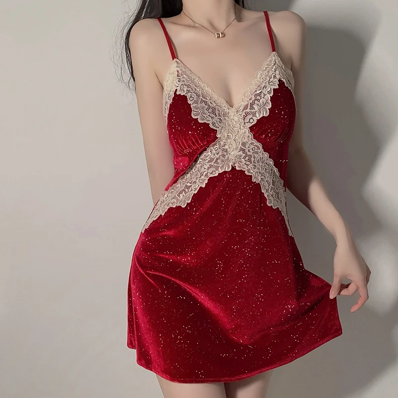 

Autumn Winter Red Stars Shine Brightly Christmas Night Dress Woman Lace Underwear Sexy Lingerie Nightgown Sleepwear Nightwear