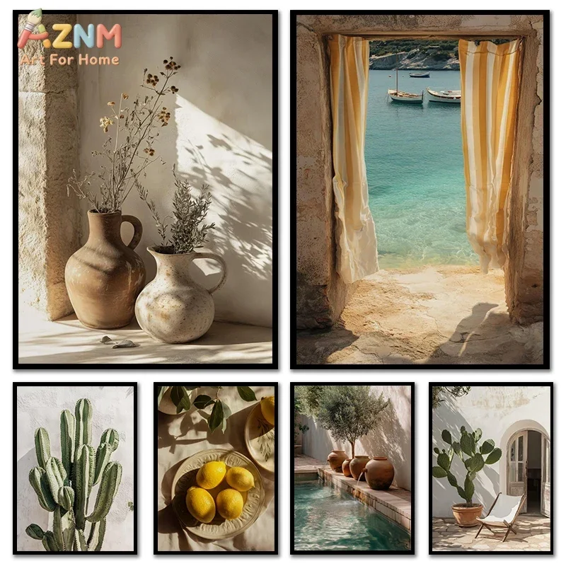 AZNM Mediterranean Lemon Cactus Coastal Canvas Wall Art, Rustic Terracotta Vase Beach View Print, Frameless Boho Summer Poolside