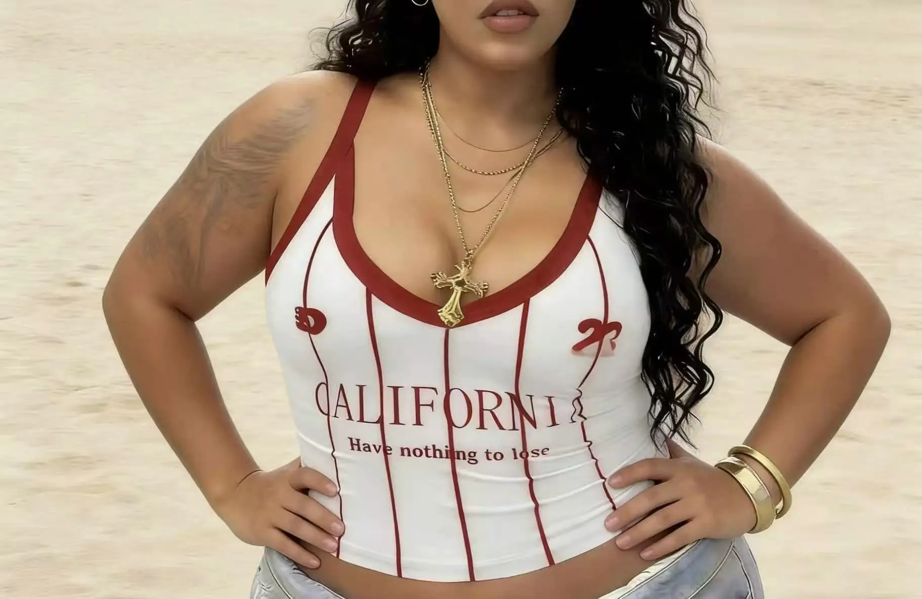 

Plus Size Women's California Print Sleeveless Crop Top Red Trim Casual Tank Top