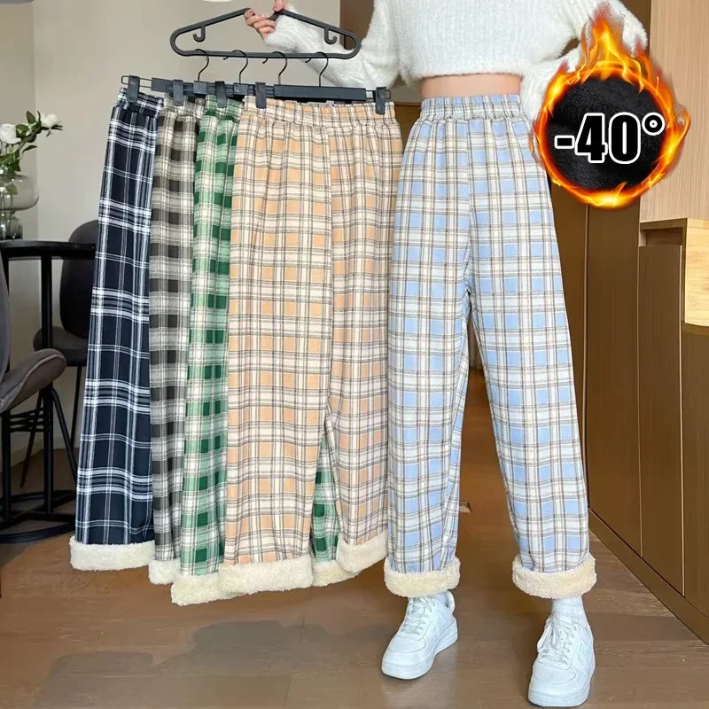 Shearling Lined Plaid Pants Women Winter High Waist Flared Trousers Straight Leg Warm Fleece Thermal Bottoms for Women Casual - Image 2