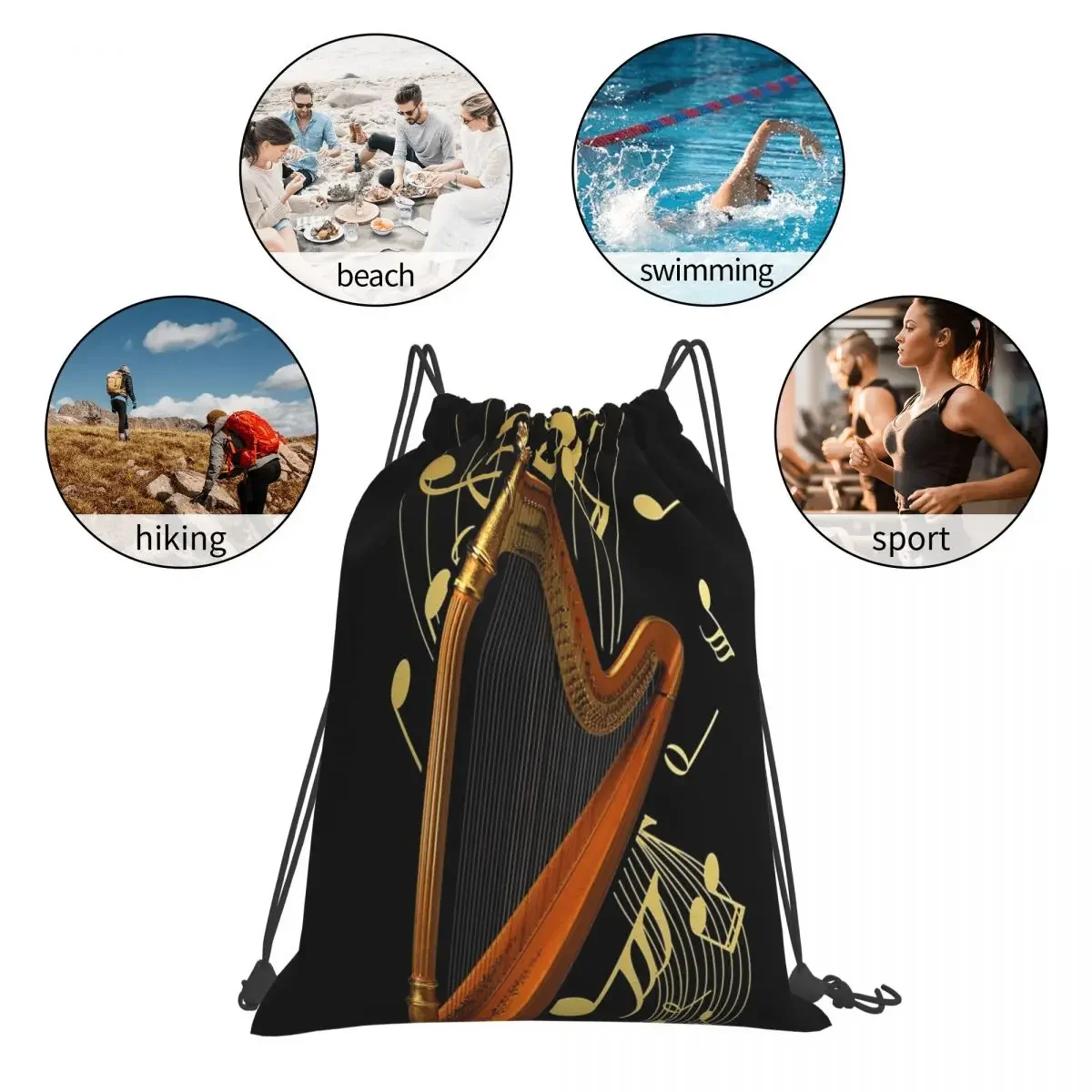 Harp And Music Note Art Backpacks Casual Portable Drawstring Bags Drawstring Bundle Pocket Shoes Bag BookBag For Travel Students