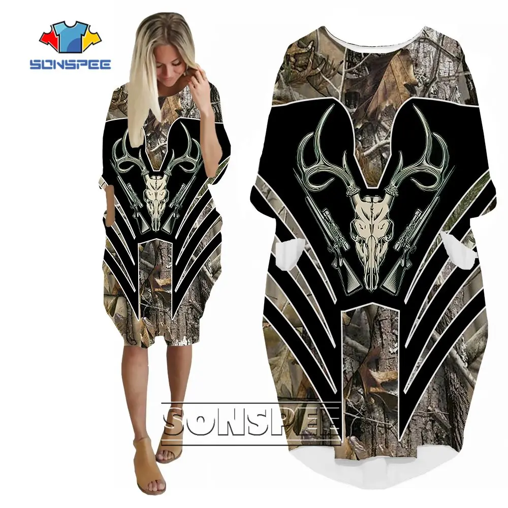 SONSPEE Jungle Animal Harajuku Fashion 3D Printing Women's Dress Hunting Deer Pockets Skirt Personality Long Sleeve Hip Hop Gown