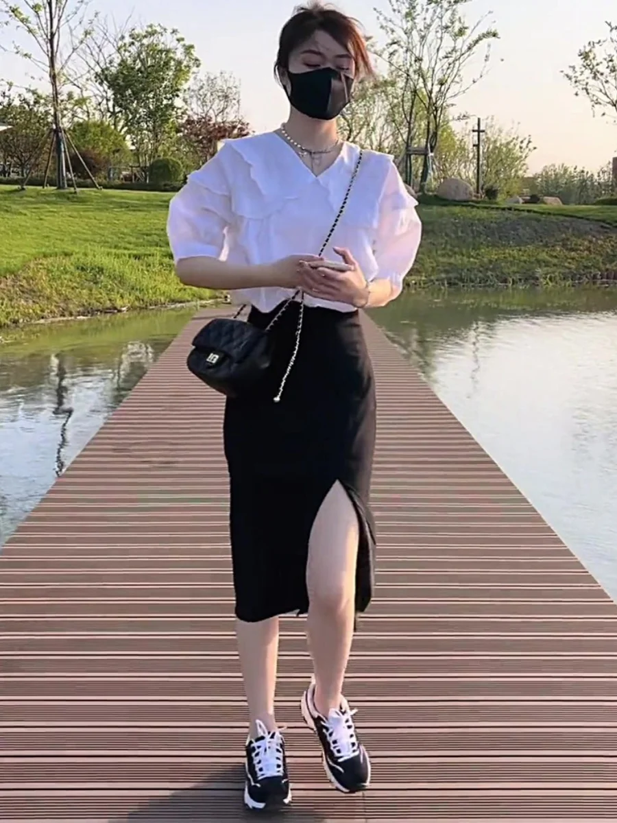 

Women's Summer Fashion Set Polyester Fabric Bubble Sleeve Blouse Shirt Half Skirt Split Hemline Light Maturity Style