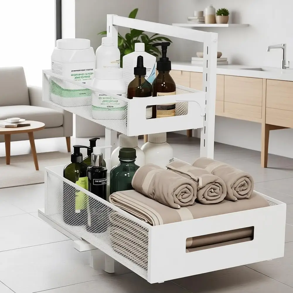 

Белый органайзер для раковины XL с 2 уровнями, регулируемой высотой и выдвижным шкафчиком для хранения в ванной и на кухне