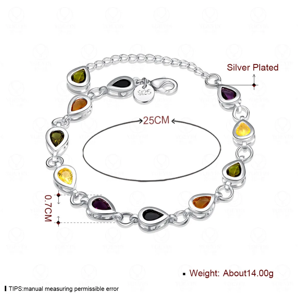 925 Sterling Silver Multicolour Zircons Chain Water Drop Rainbow Bracelet For Woman Fashion Charm Wedding Jewelry - view 5