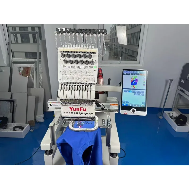 Yunfu High Precision Single Head Embroidery Machine 1200SPM 12 Needles Computerized For Cap T-shirt Hat 3D Flat Embroidery