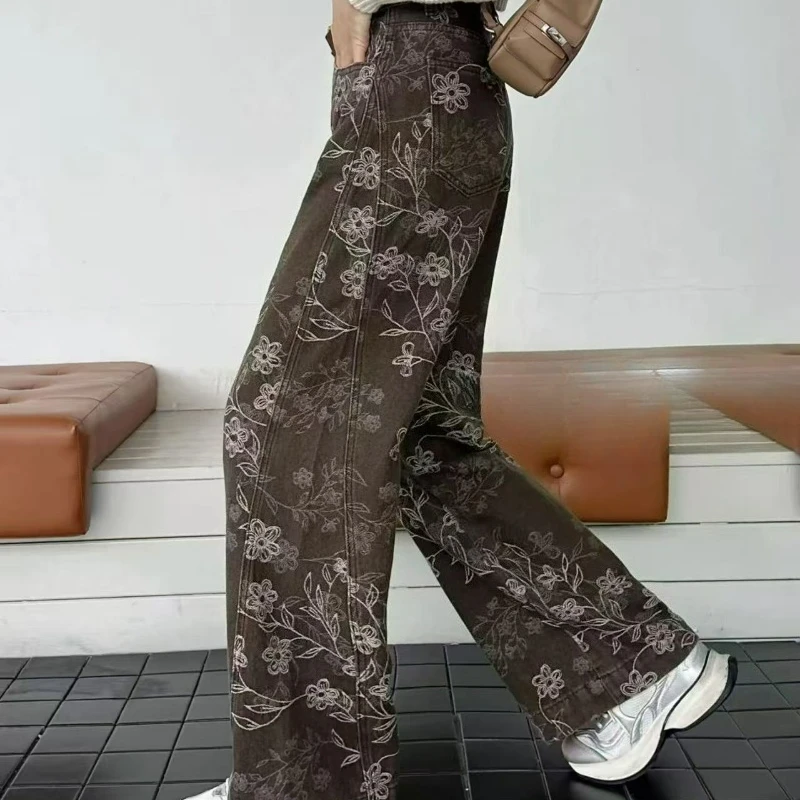 بنطلون جاكار ربيع الخريف نمط 2026 مجموعة موضة جديدة النساء عالية الخصر فضفاضة واسعة الساق التخسيس مستقيم الساق السراويل