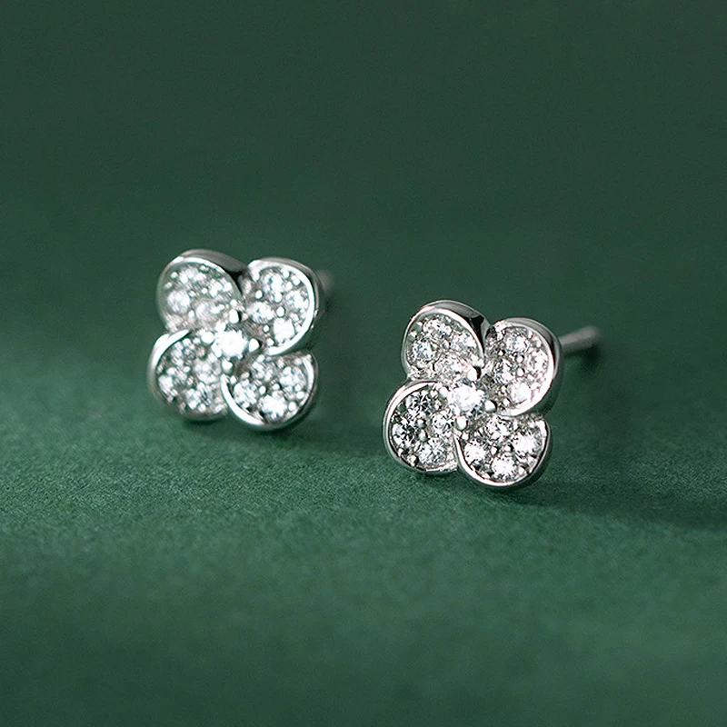 S925 sterling silver Four Petal Flower Stud Earrings for Women Simple Elegant Ear Accessories Cubic Zirconia Girls Jewelry Gifts