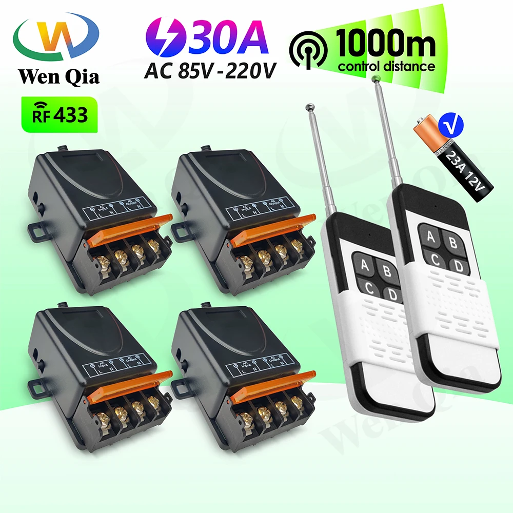 

110V 220V 433Mhz Wireless Remote Control Switch,30A High Power RF Relay Module,1000m Remote,for Fan Light Pump Motorcycle DIY