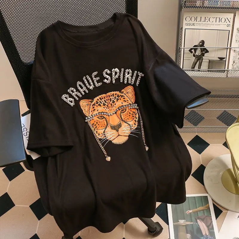 T-shirt manches courtes pour femmes, grand coton, ample, demi manches, Station européenne exquise, strass, Top tigre, été