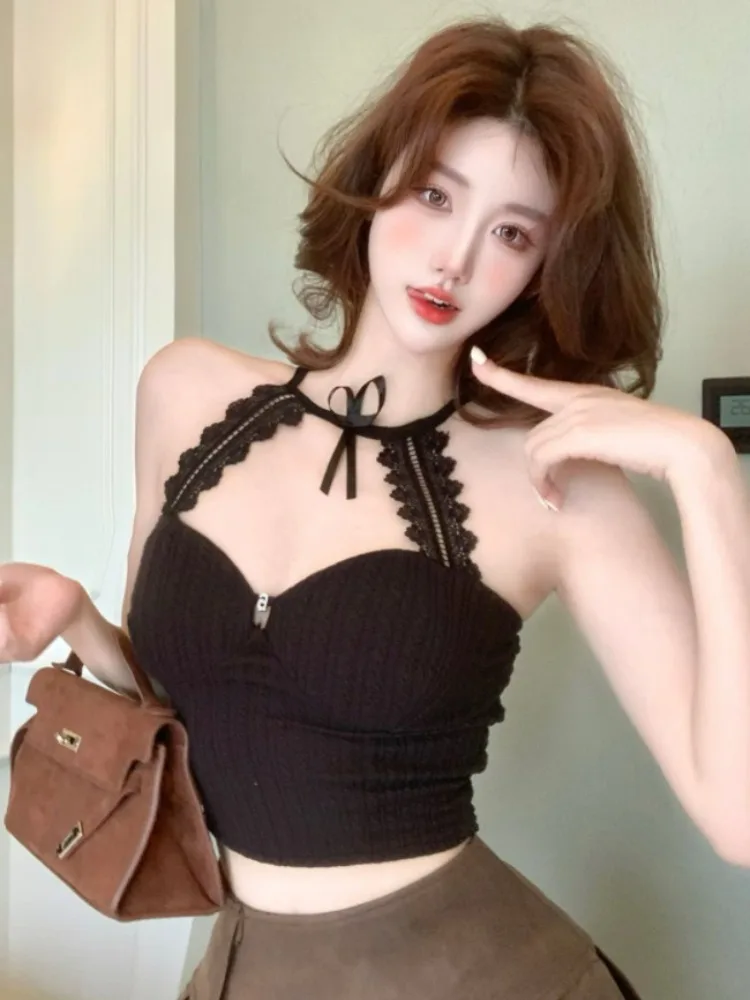 

Sexy Hollow out Lace Halter Neck Knot Tank Top Women's Slim Fit Beautiful Back Base Shirt Spring Summer New Style