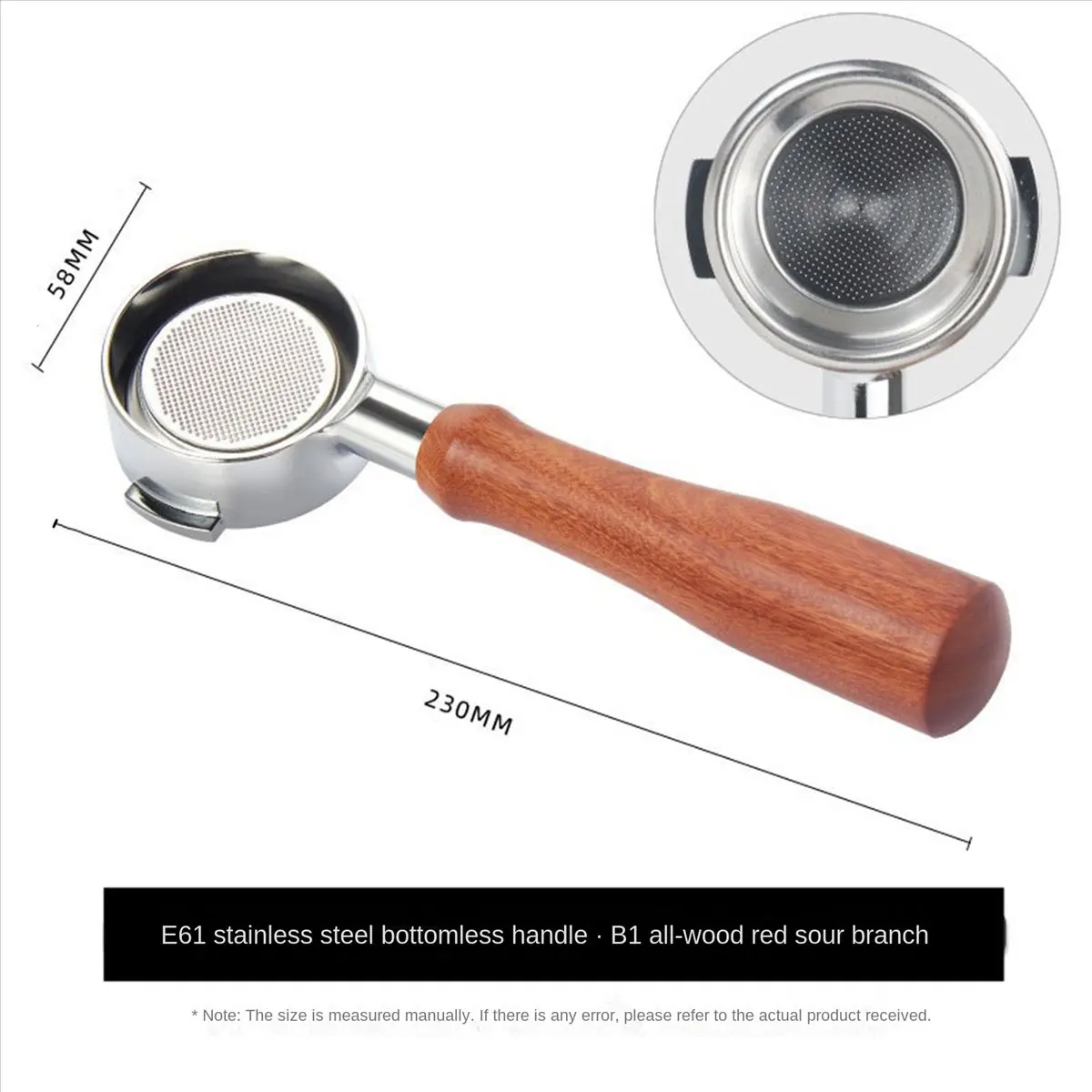 

A006 58 мм Двухуширенный держатель фильтра для кофемашины E61, бездонный портафильтр с деревянной ручкой, кофейные инструменты, стиль А