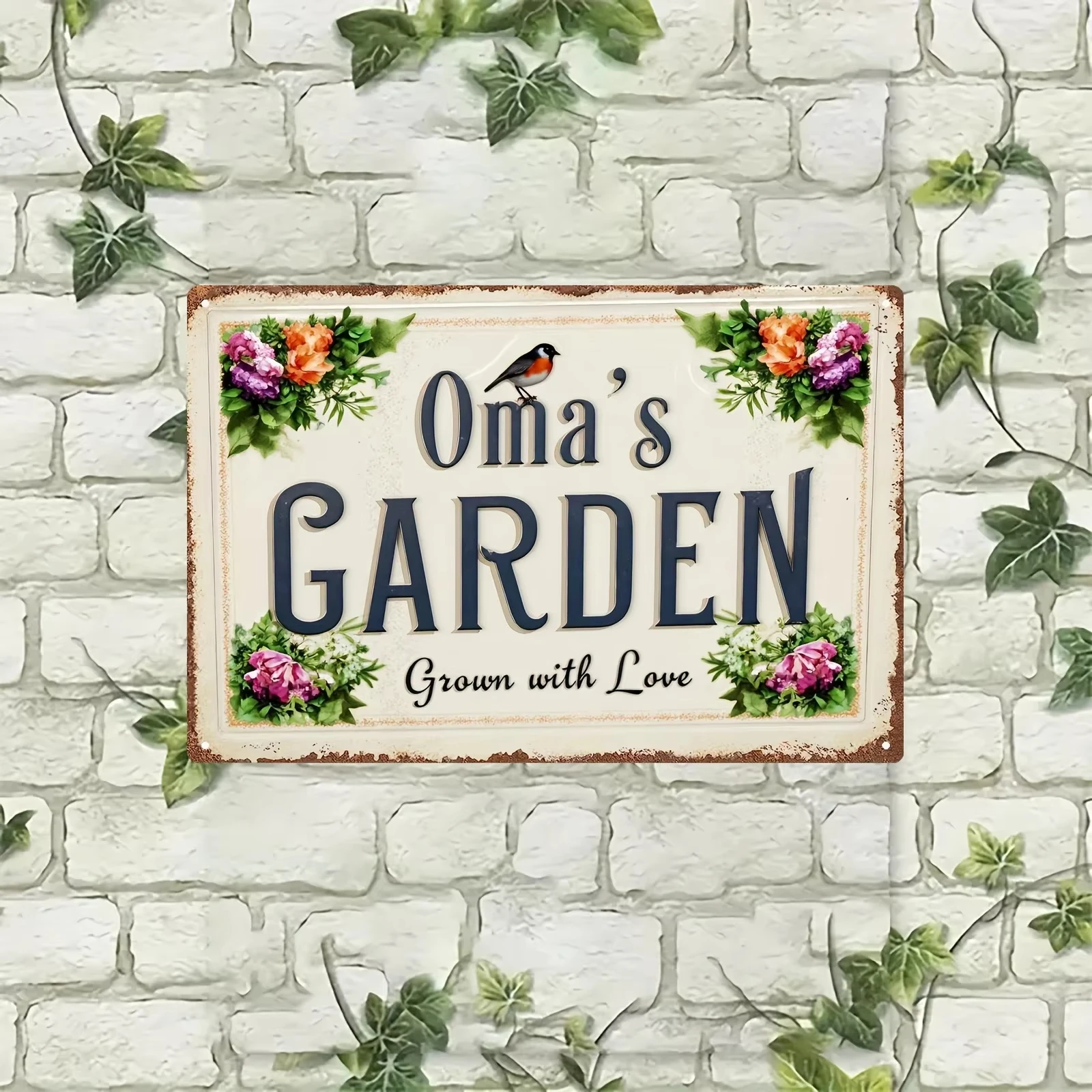 [2D Flat] Customizable Metal Sign 8x12in Oma's Garden Grown with Love Floral Bird, Yard Balcony Patio Gift For Decoration Only