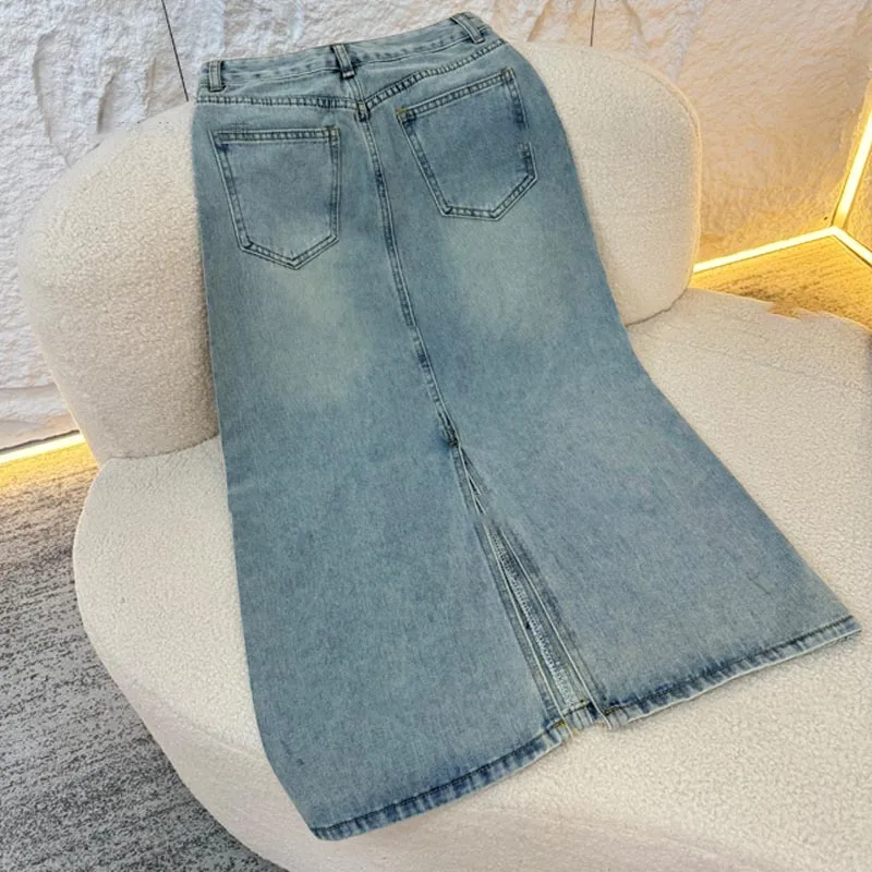 Rhinestone Half-length Denim Skirt Women\'s 2024 New Summer Slim Skirt Rear Split Jeans Hip Skirt Mid-length Vintage Skirt Female