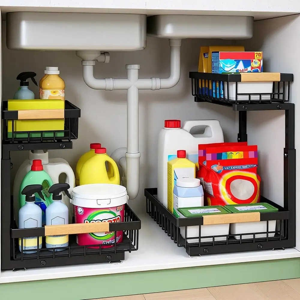 

Двухуровневый выдвижной органайзер для хранения под раковиной, металлическая раздвижная полка для кухни и ванной, черный, 2 шт.