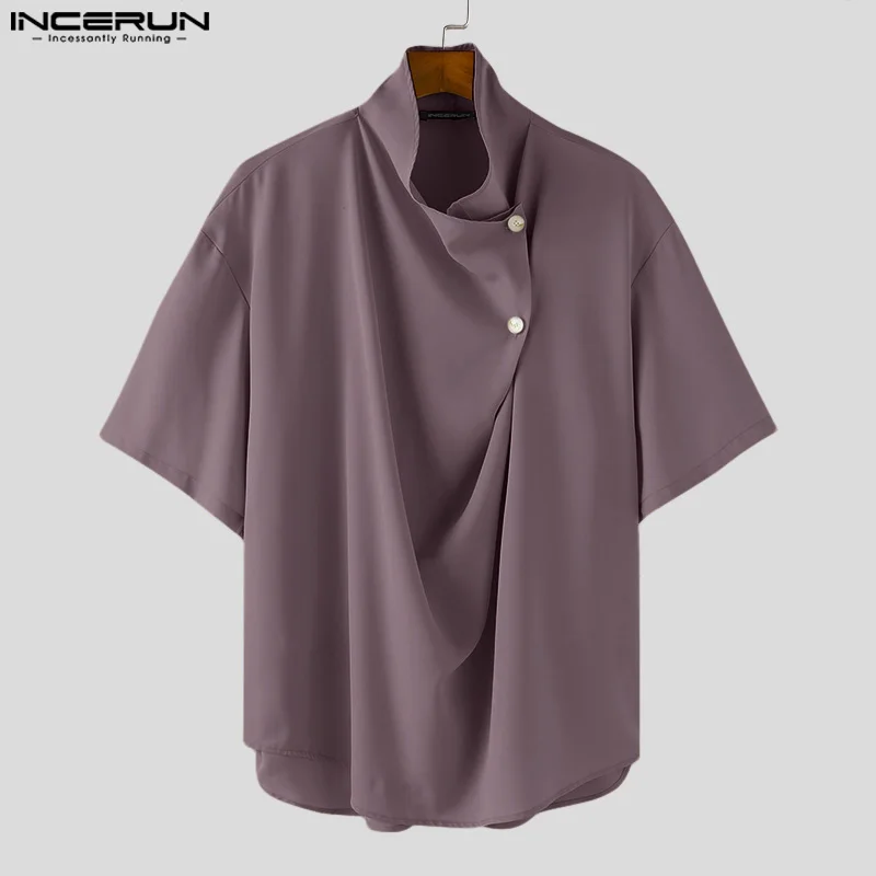 2024 Men Irregular Shirts Solid Color Stand Collar Short Sleeve Fashion Men Clothing Streetwear Loose Casual Male Shirts INCERUN