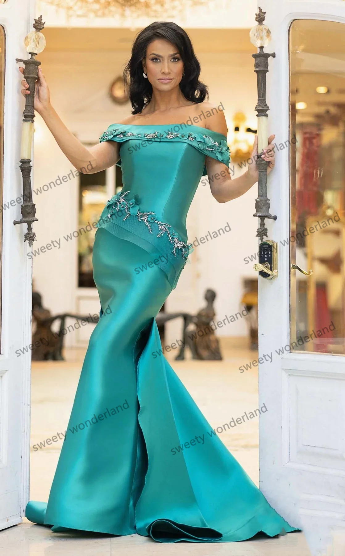 Bescheidene Abendkleider Frauen Satin Meerjungfrau Ballkleider Blumen applikationen elegante formale vestido de novia