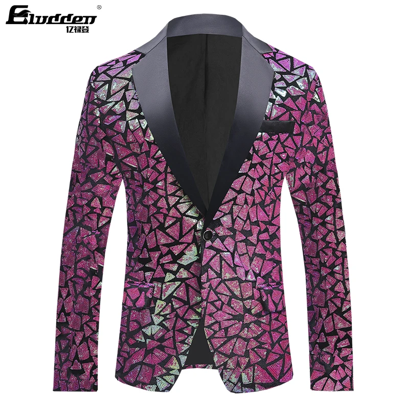 Men Colorful Triangle Sequins Fashion velvet fabricEmbroidery Sequin Blazer Masculino Men Suit Stage Singer Costume Shiny Blazer