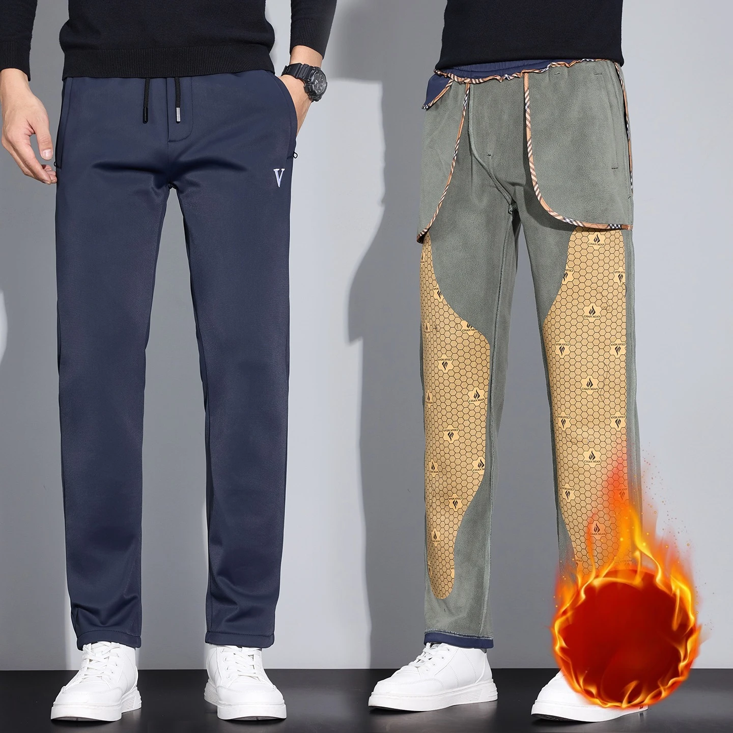 

Fashion Men's Thick Winter Fleece Casual Pants Straight Elastic Slim Fit Business Classic Warm Fleece Trousers Male 28-38