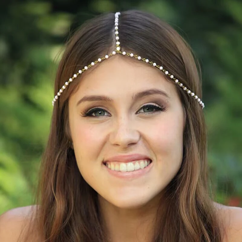 Tocona Decoration Hair Band Head Dress Headbands Fashion Indian Bohemian Pearl Stone Head Piece Women Head Chain Hair Jewelry