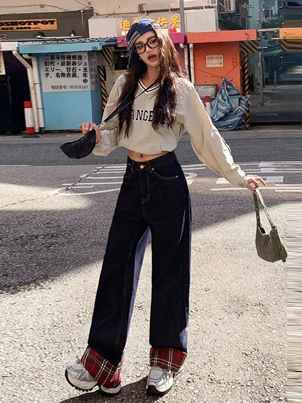 

plus Size American Red Plaid Wide Leg Denim Jeans Women Loose Slim High Waist Long Pants Floor-Length Pants Fat MM