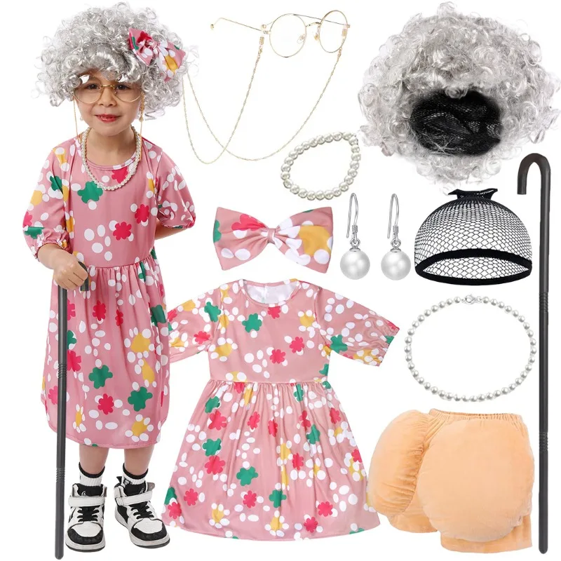 

Girls Grandma Cosplay Old Lady Costume Fantasy Dress Wig Cane Suit for 100 Days of School Halloween Carnival Party Outfits