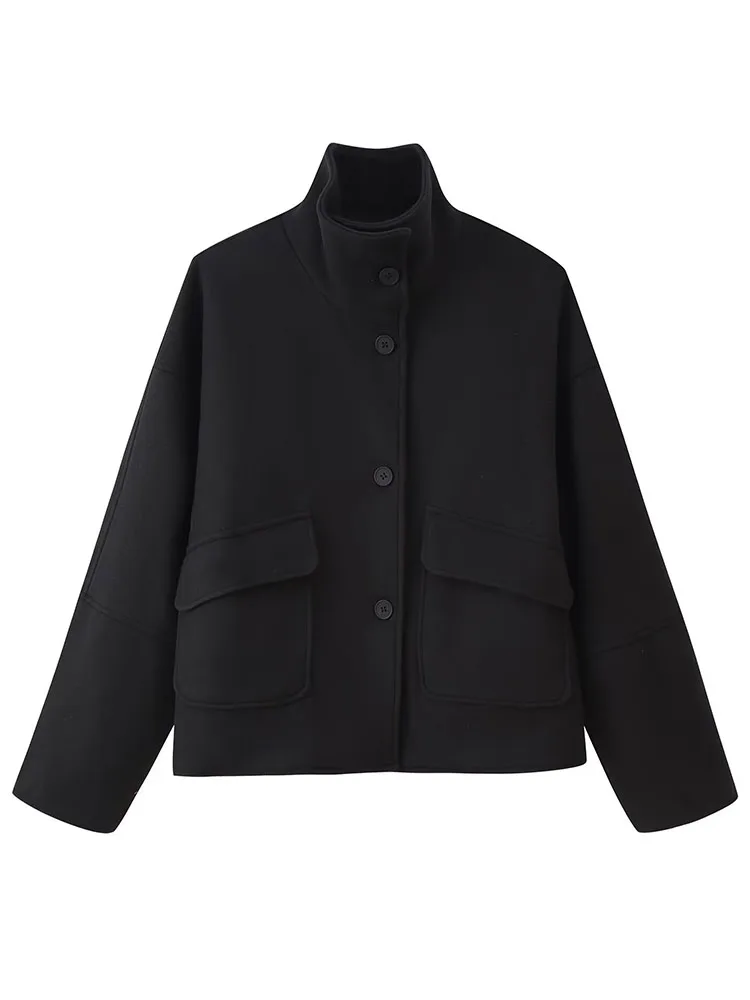 HH Woman Winter Half Turtleneck Single Breasted Long Sleeves  Pocket Decoration Coat Female Loose Keep Warm Street Style Jacket