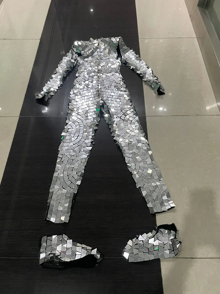 Silver Mirror Women Sequins Jumpsuit Gogo Stage Show Costume Pole Dance Clothes Women Lens Bodysuit Bar DJ Performance