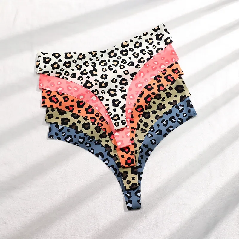 Bragas en forma de T con estampado de leopardo para mujer, ropa interior sin costuras, seda de hielo, transpirable, secado rápido, deportiva,