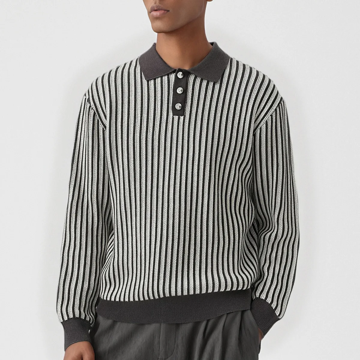 

Мужская японская уличная одежда, модный винтажный свободный повседневный пуловер в полоску, вязаные рубашки поло, свитер, мужской деловой джемпер, топы