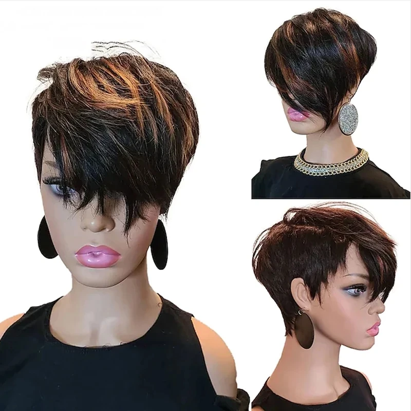 

SuQ Synthetic Wigs Short Pixie Cut Hair Bob Wig Brown Black Mixed Straight Wigs for Black Women