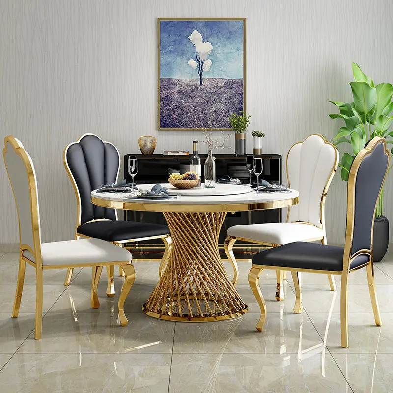 ！@Luxury Modern Appearance Stainless Steel Round Marble Top Dining Table for Home Dining Room Furniture