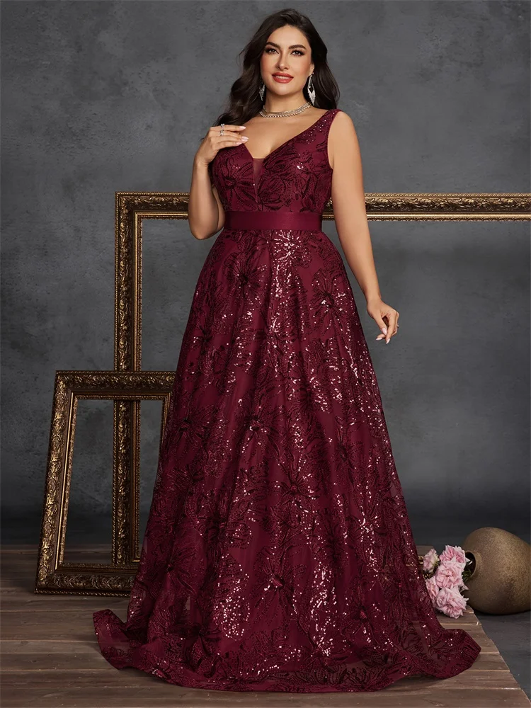 Lucyinlove Plus Size Luxury Deep V-Neck Sequins Evening Dresses Women Elegant V-back Wedding Party Long Prom Cocktail Gowns