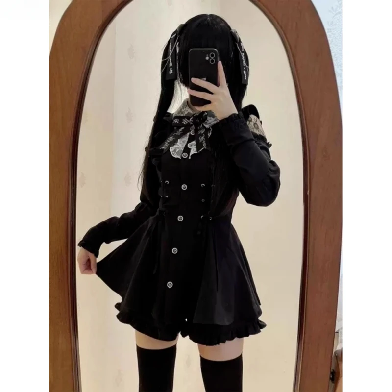 Japanese Gothic Bow Dress women black party Shorts Set Lace Off Shoulder Long Sleeve Slim Shirts Dresses Lolita Y2k Outfits chic