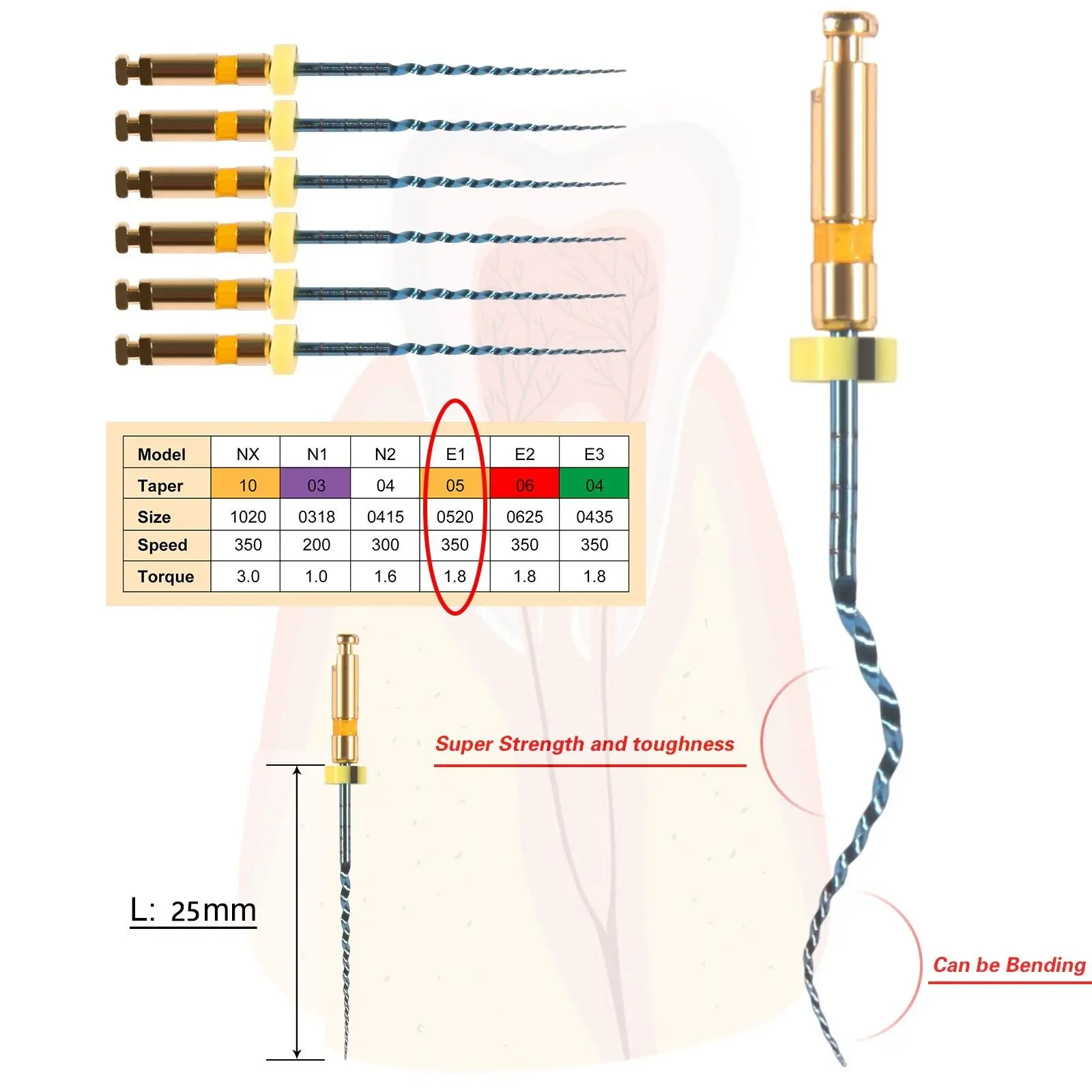 6PCS/1Pack Dental Endo Reciprocating Files Niti Gold File E1 Rotary Root Canal 25MM Flexible